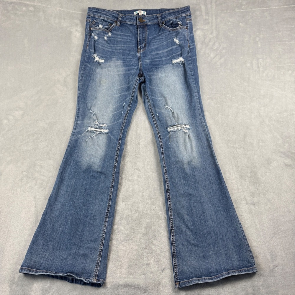 Love‎ Fire Distressed Flare Jeans Blue High Rise Ripped Wide Leg Womens Size 32